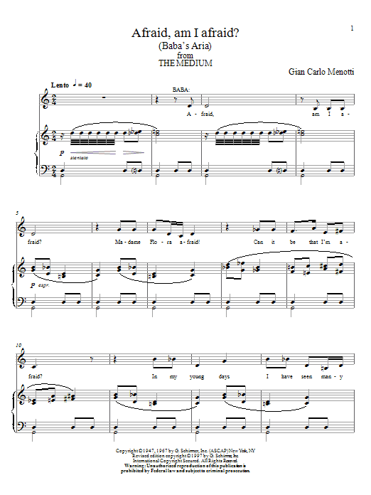 Gian Carlo Menotti Afraid, Am I Afraid? (Baba's Aria) sheet music notes and chords arranged for Piano & Vocal