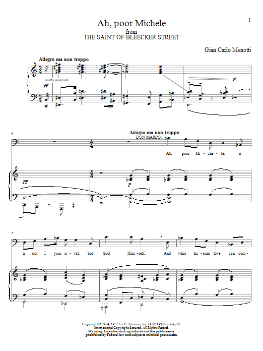 Gian Carlo Menotti Ah, Poor Michele sheet music notes and chords arranged for Piano & Vocal