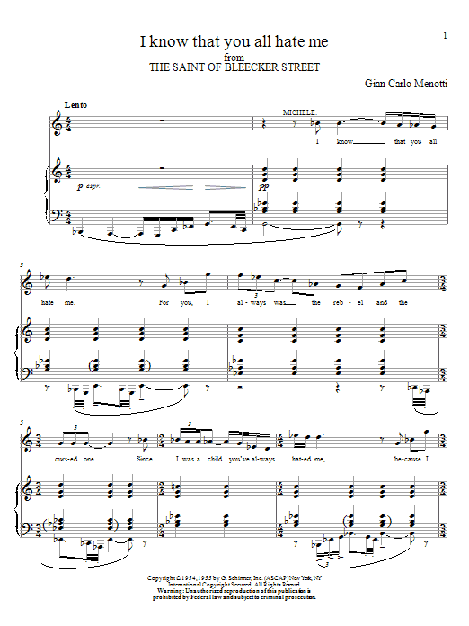 Gian Carlo Menotti I Know That You All Hate Me sheet music notes and chords arranged for Piano & Vocal