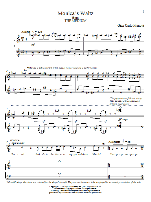 Gian Carlo Menotti Monica's Waltz sheet music notes and chords arranged for Piano & Vocal