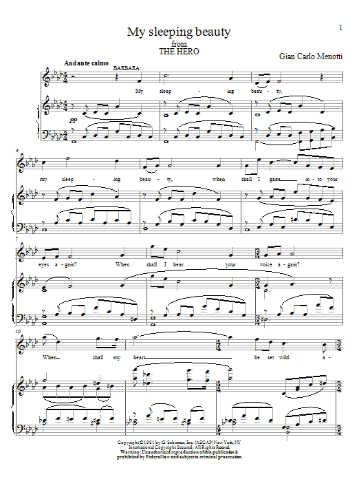 Gian Carlo Menotti My Sleeping Beauty sheet music notes and chords arranged for Piano & Vocal