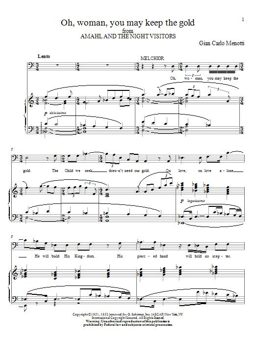 Gian Carlo Menotti Oh, Woman, You May Keep The Gold sheet music notes and chords arranged for Piano & Vocal