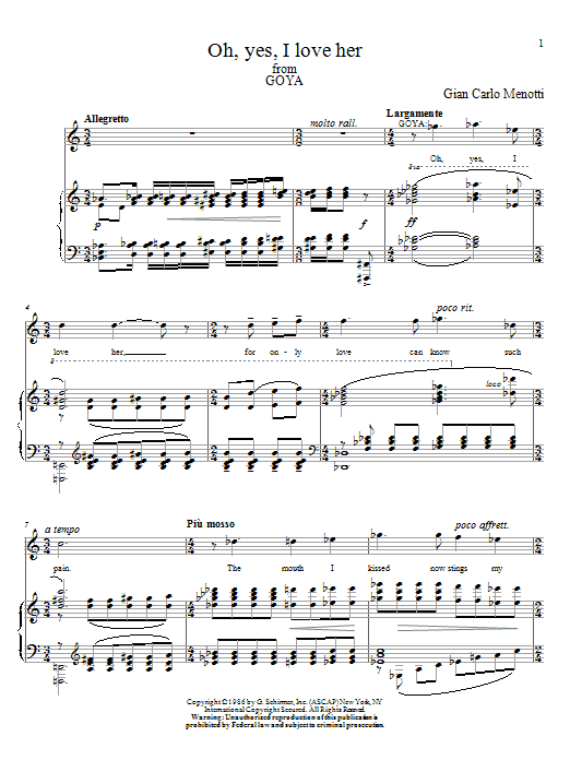 Gian Carlo Menotti Oh, Yes, I Love Her sheet music notes and chords arranged for Piano & Vocal