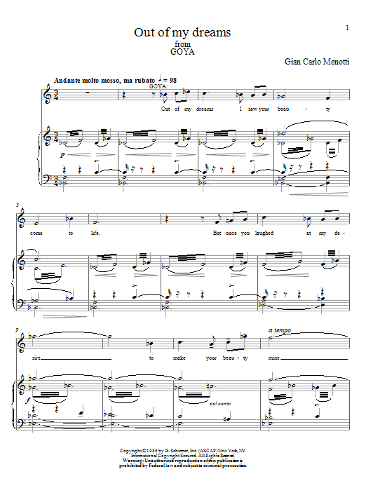 Gian Carlo Menotti Out Of My Dreams sheet music notes and chords arranged for Piano & Vocal