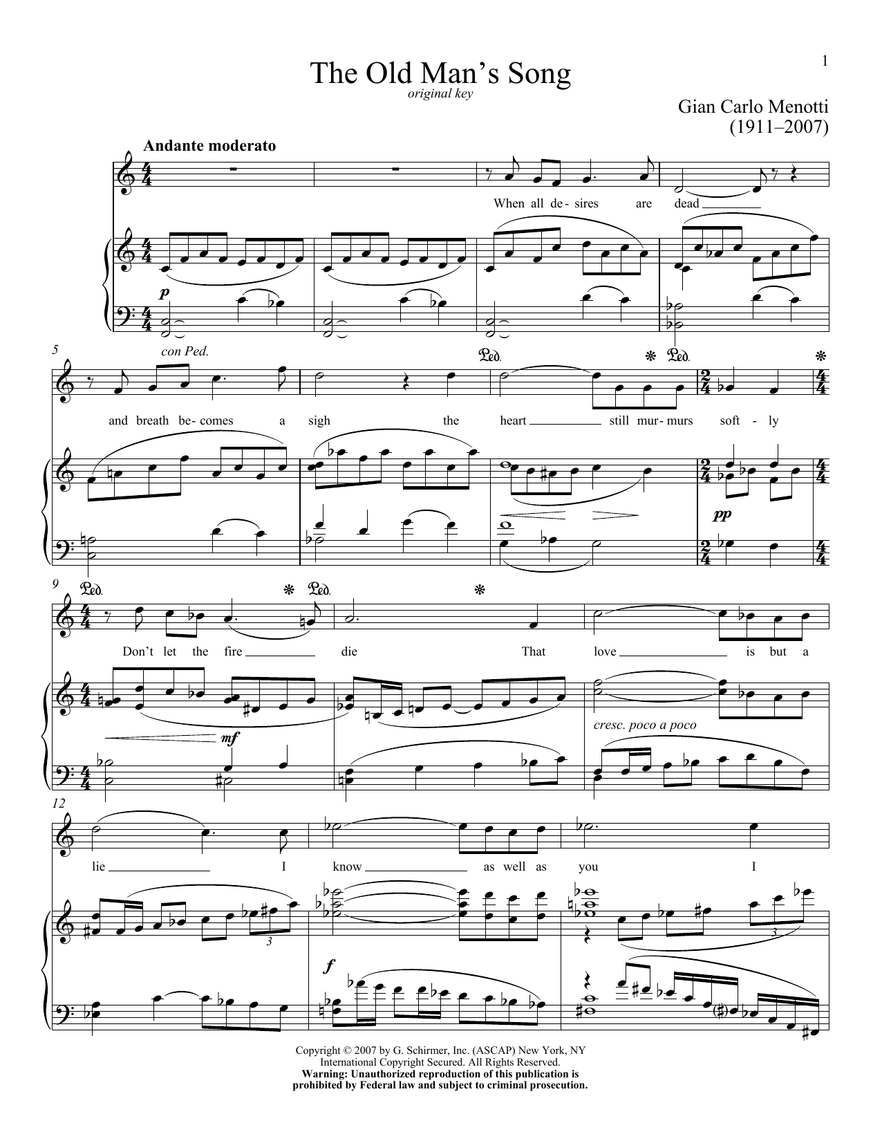 Gian Carlo Menotti The Old Man's Song sheet music notes and chords arranged for Piano & Vocal