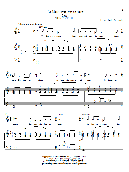 Gian Carlo Menotti To This We've Come sheet music notes and chords arranged for Piano & Vocal