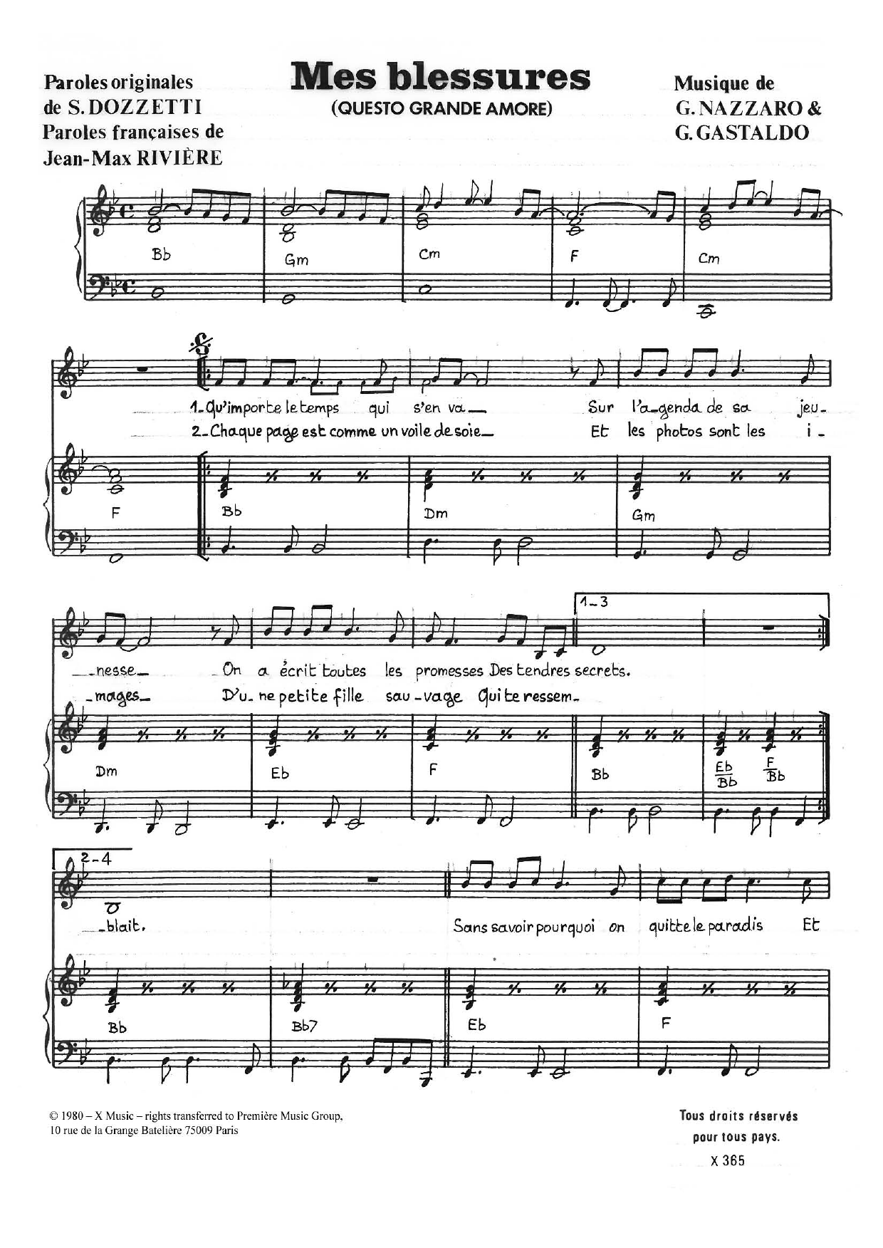 Gianni Nazzaro Mes Blessures (Questo Grande Amore) sheet music notes and chords arranged for Piano & Vocal