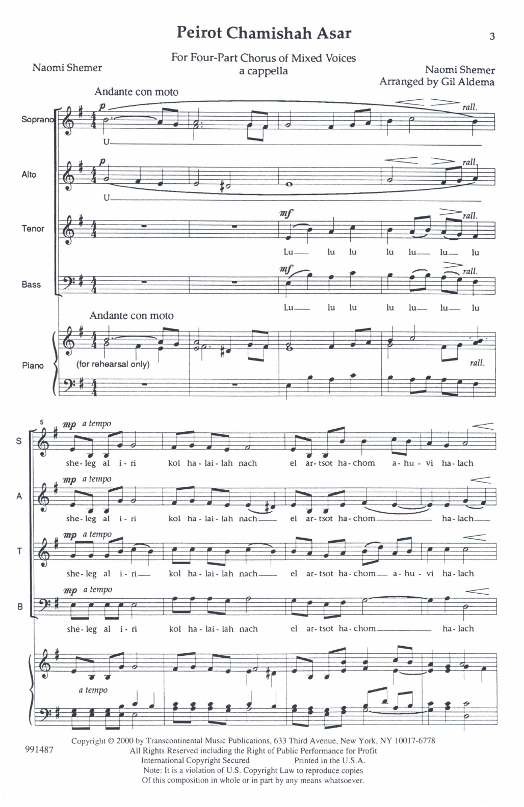Gil Aldema Peirot Chamishah Asar (Snow On My Town) sheet music notes and chords arranged for SATB Choir