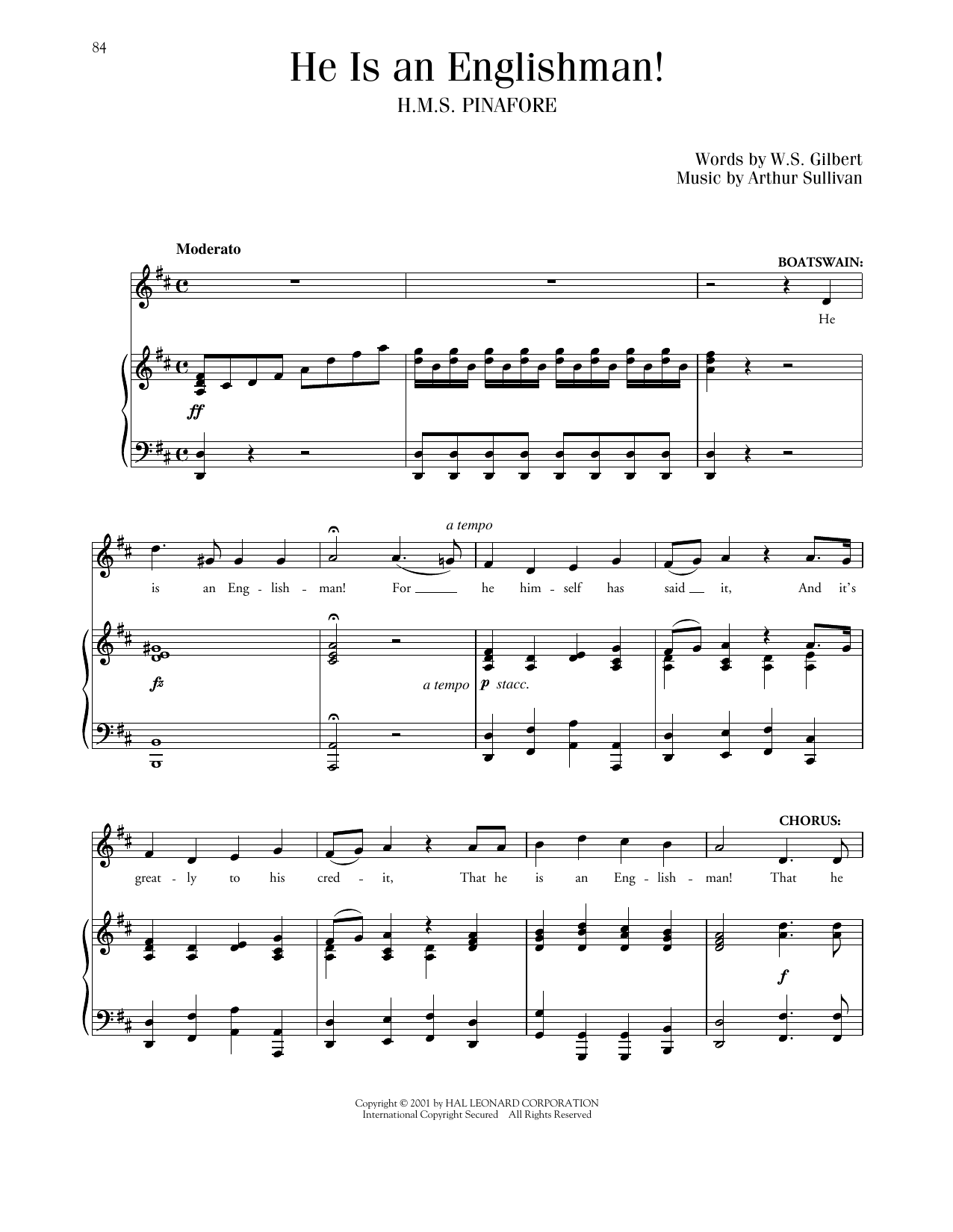 Gilbert & Sullivan He Is An Englishman sheet music notes and chords arranged for Piano & Vocal