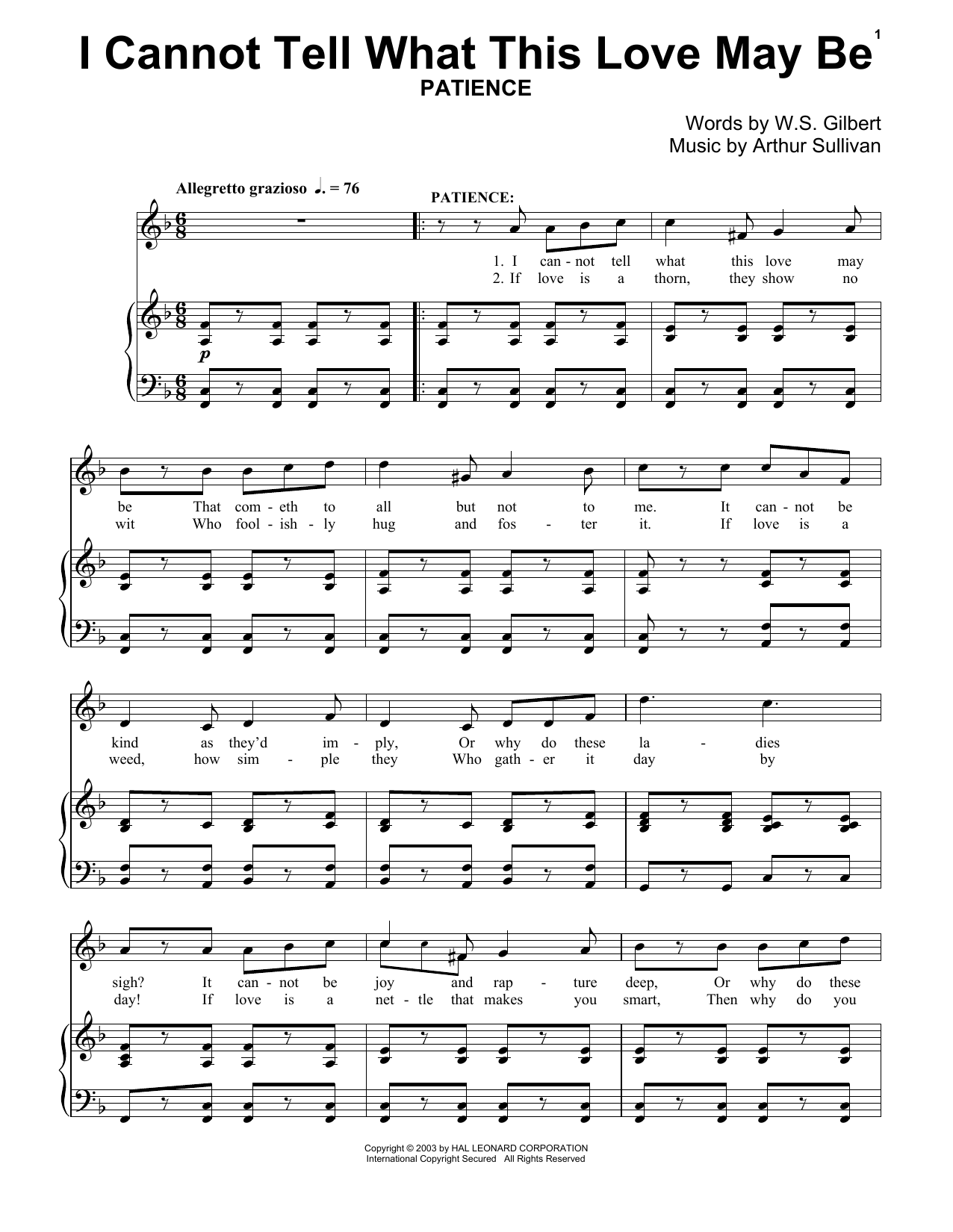Gilbert & Sullivan I Can Not Tell What This Love May Be sheet music notes and chords arranged for Piano Solo