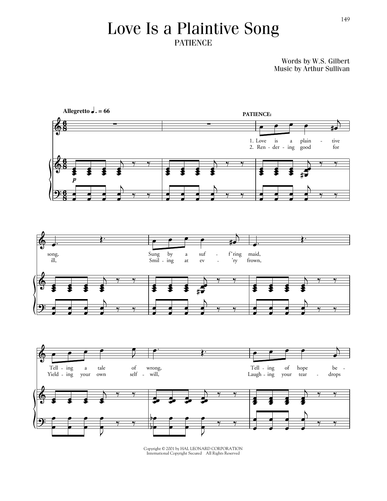 Gilbert & Sullivan Love Is A Plaintive Song (from Patience) sheet music notes and chords arranged for Piano & Vocal