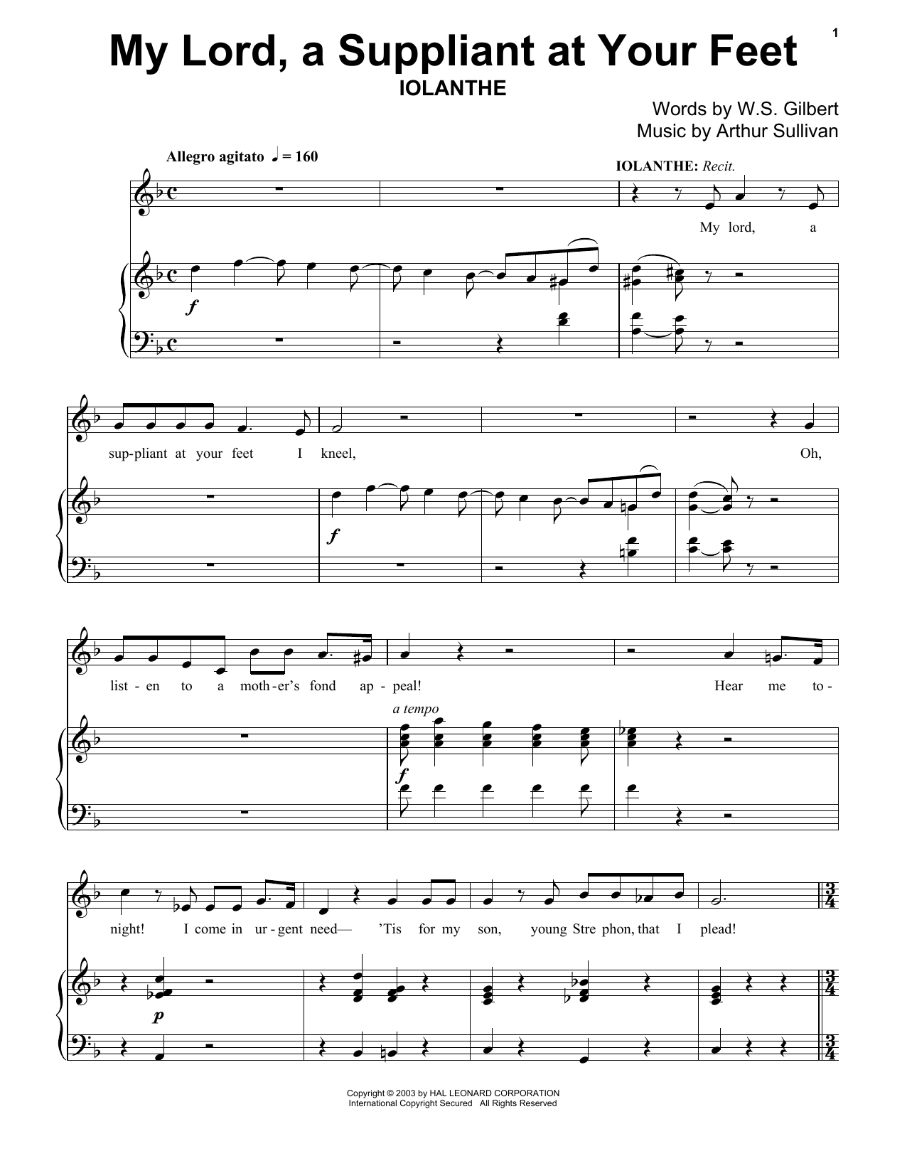 Gilbert & Sullivan My Lord, A Suppliant At Your Feet sheet music notes and chords arranged for Piano Solo