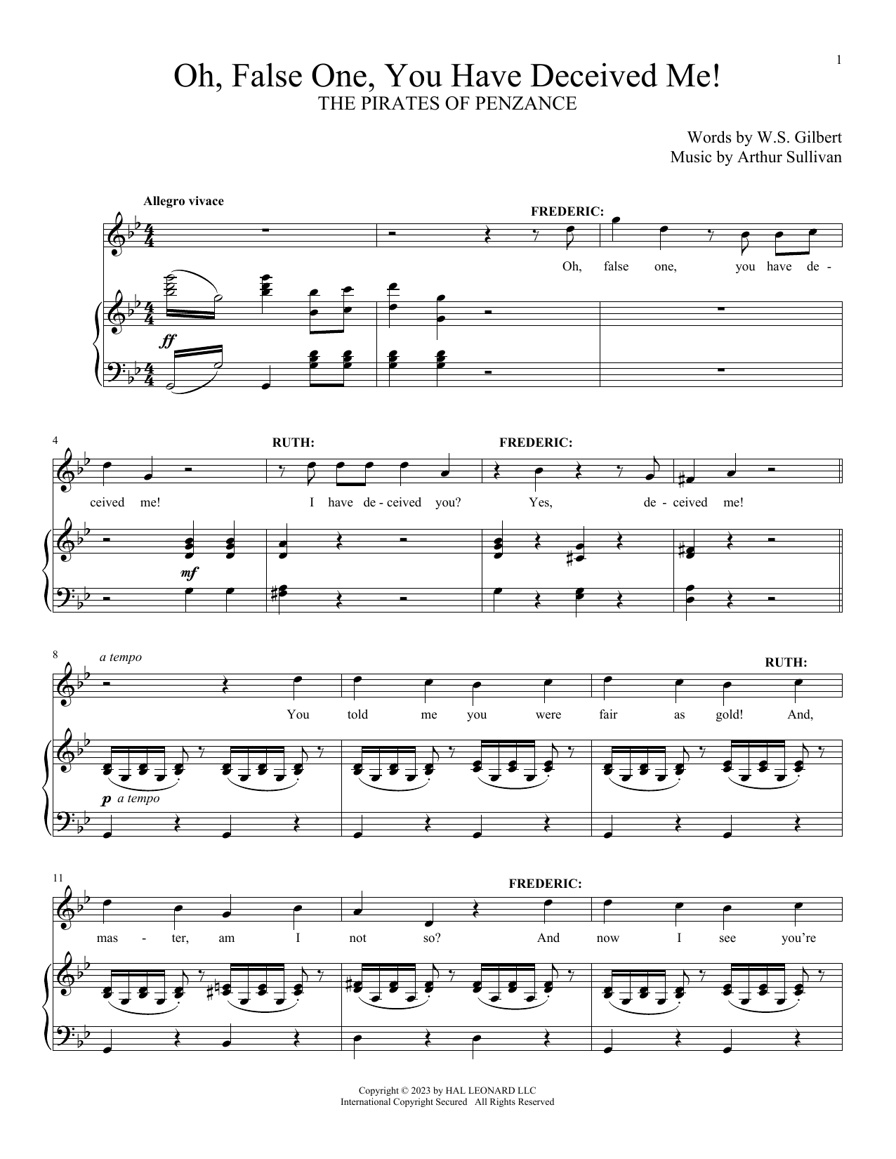 Gilbert & Sullivan Oh, False One, You Have Deceived Me (from The Pirates Of Penzance) sheet music notes and chords arranged for Piano & Vocal