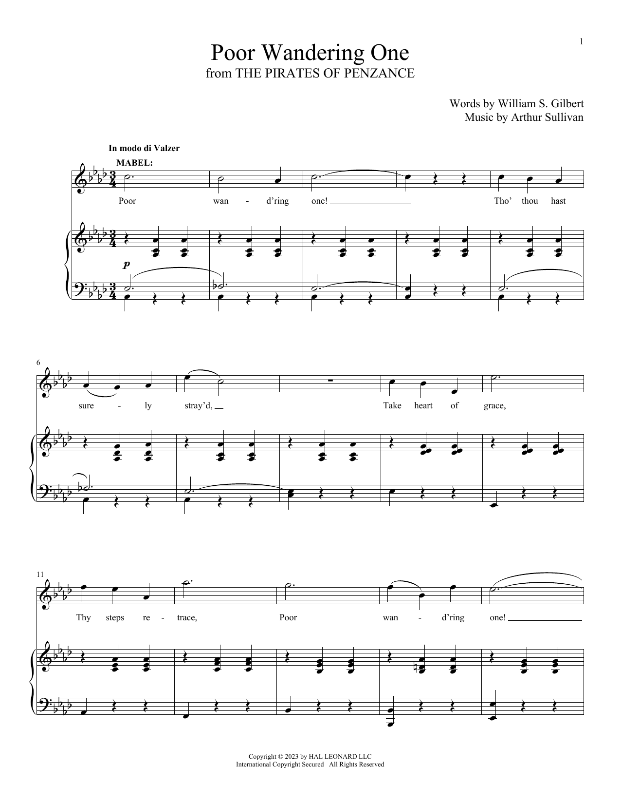 Gilbert & Sullivan Poor Wand'ring One (from The Pirates Of Penzance) sheet music notes and chords arranged for Piano & Vocal