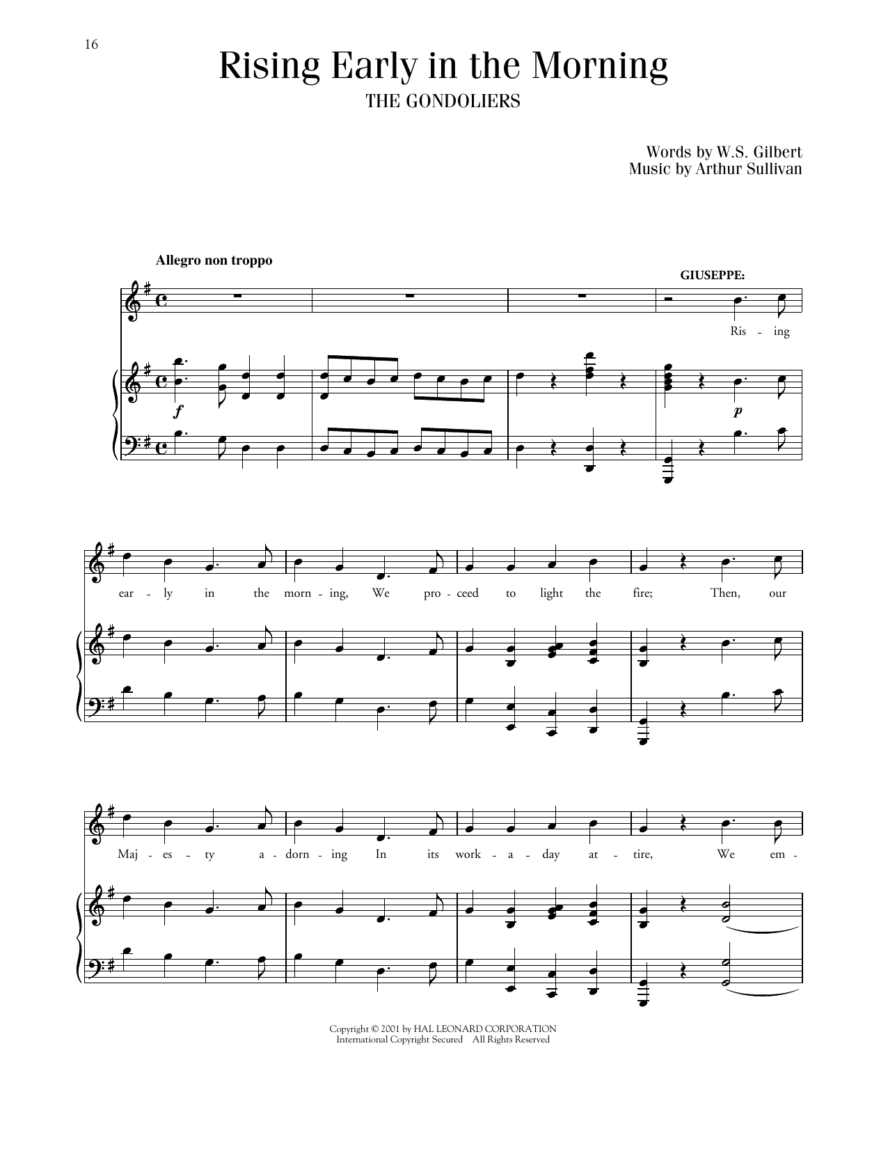 Gilbert & Sullivan Rising Early In The Morning (from The Gondaliers) sheet music notes and chords arranged for Piano & Vocal