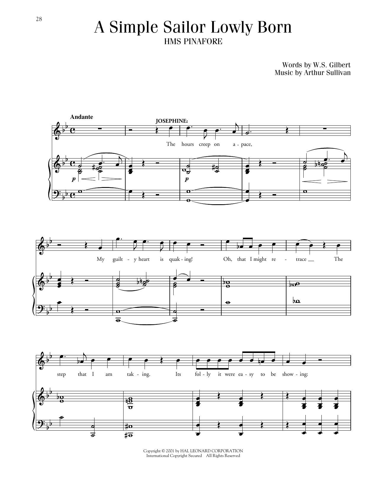 Gilbert & Sullivan Simple Sailor, Lowly Born (from HMS Pinafore) sheet music notes and chords arranged for Piano & Vocal