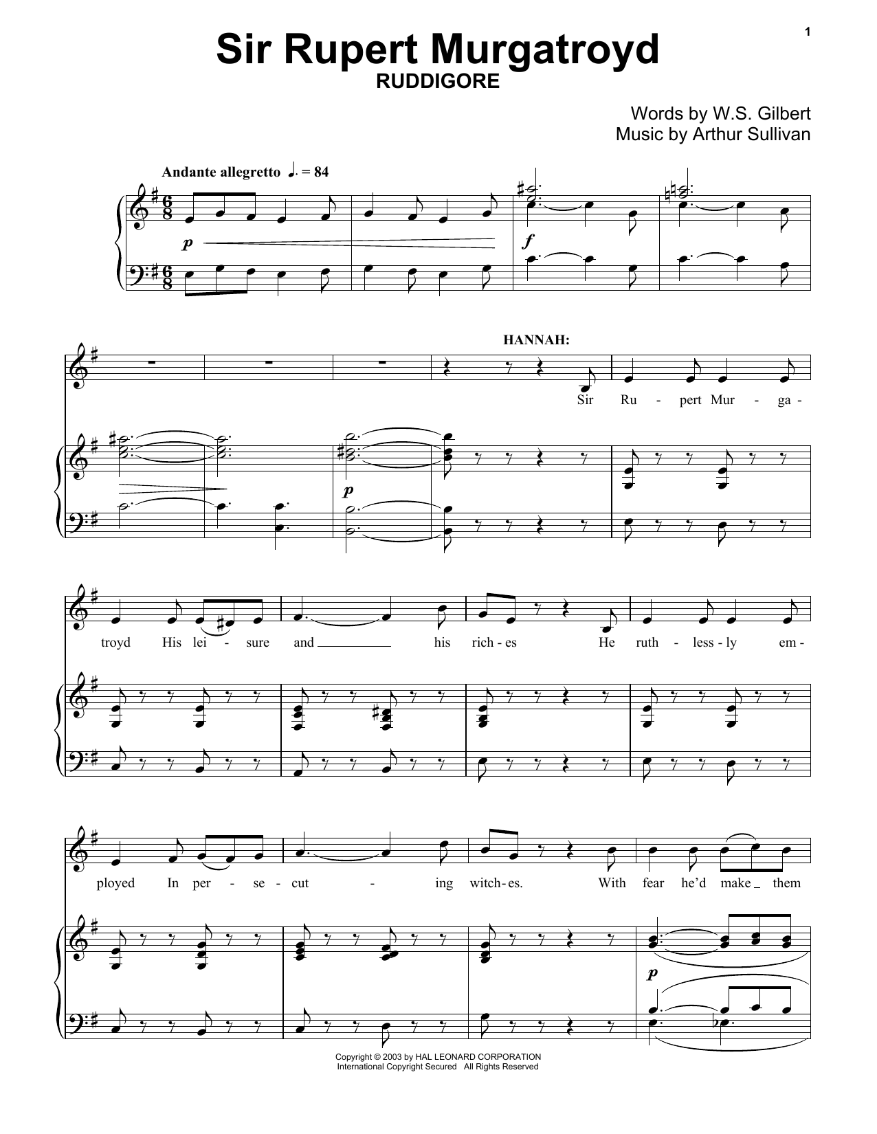 Gilbert & Sullivan Sir Rupert Murgatroyd sheet music notes and chords arranged for Piano Solo