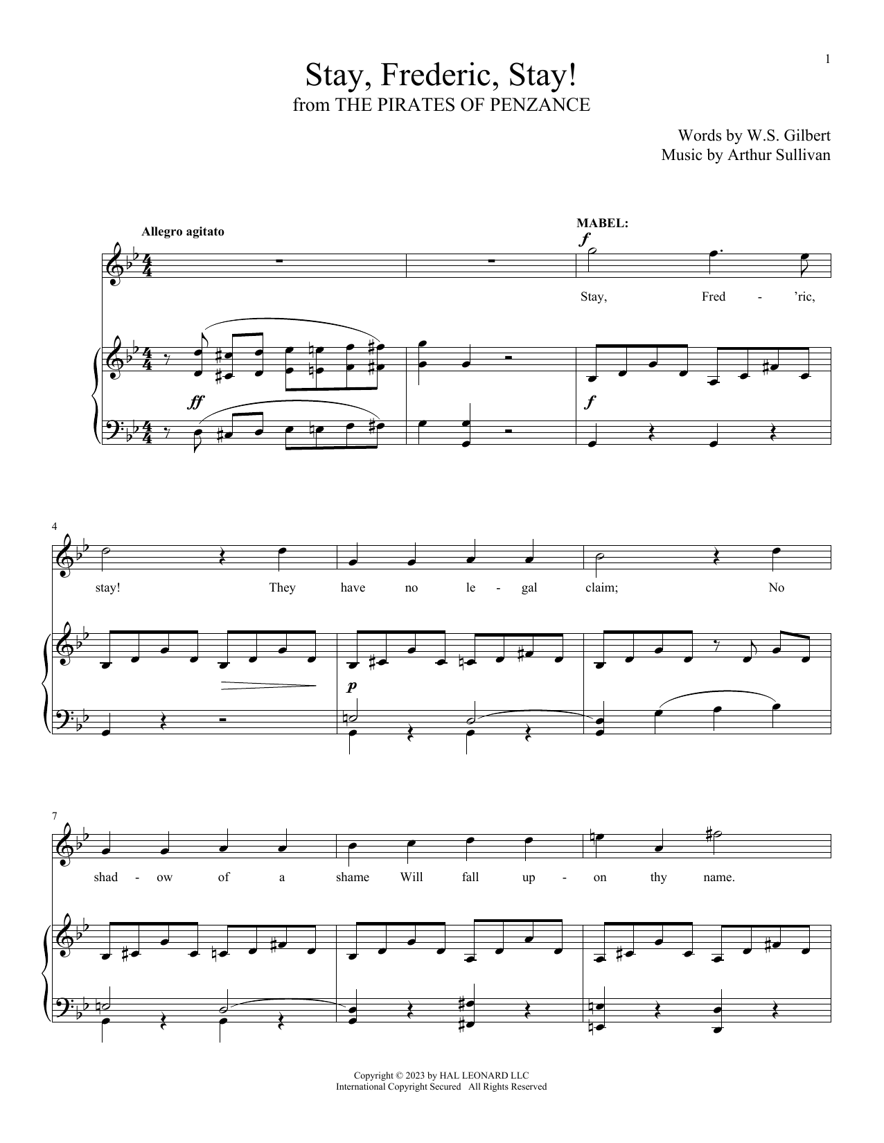 Gilbert & Sullivan Stay, Frederic, Stay! (from The Pirates Of Penzance) sheet music notes and chords arranged for Piano & Vocal