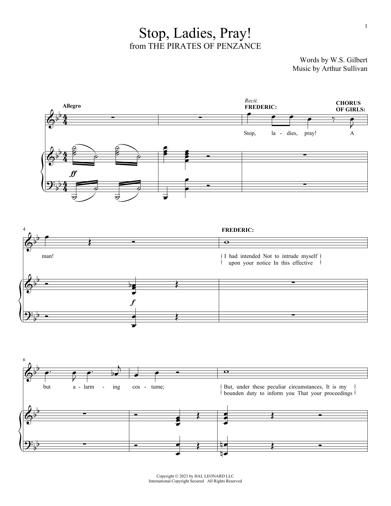 Gilbert & Sullivan Stop, Ladies, Pray! (from The Pirates Of Penzance) sheet music notes and chords arranged for Piano & Vocal