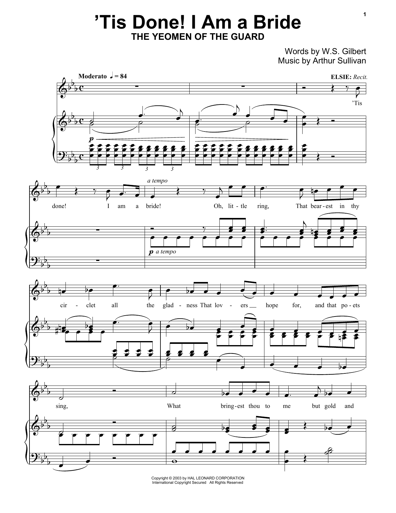Gilbert & Sullivan 'Tis Done! I Am A Bride sheet music notes and chords arranged for Piano Solo