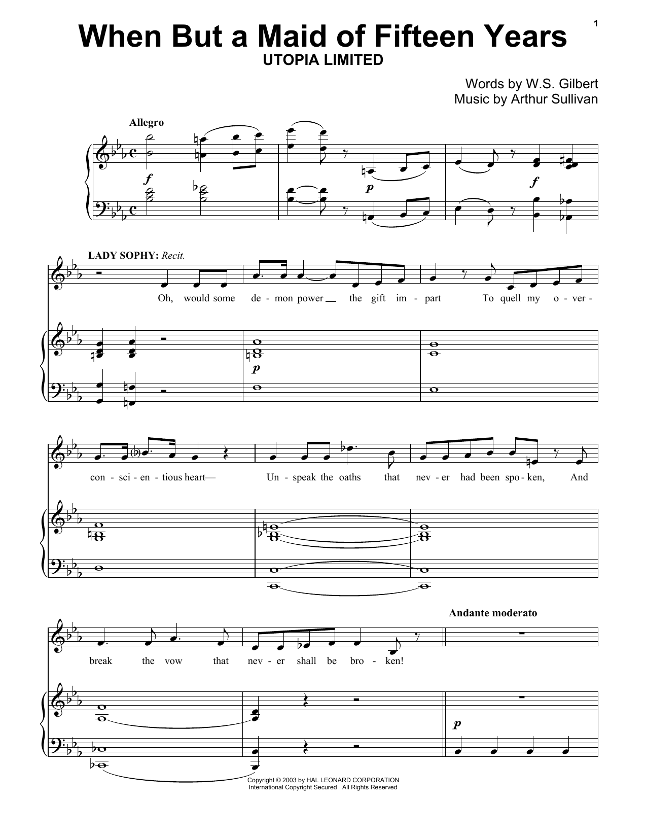 Gilbert & Sullivan When But A Maid Of Fifteen Years sheet music notes and chords arranged for Piano Solo