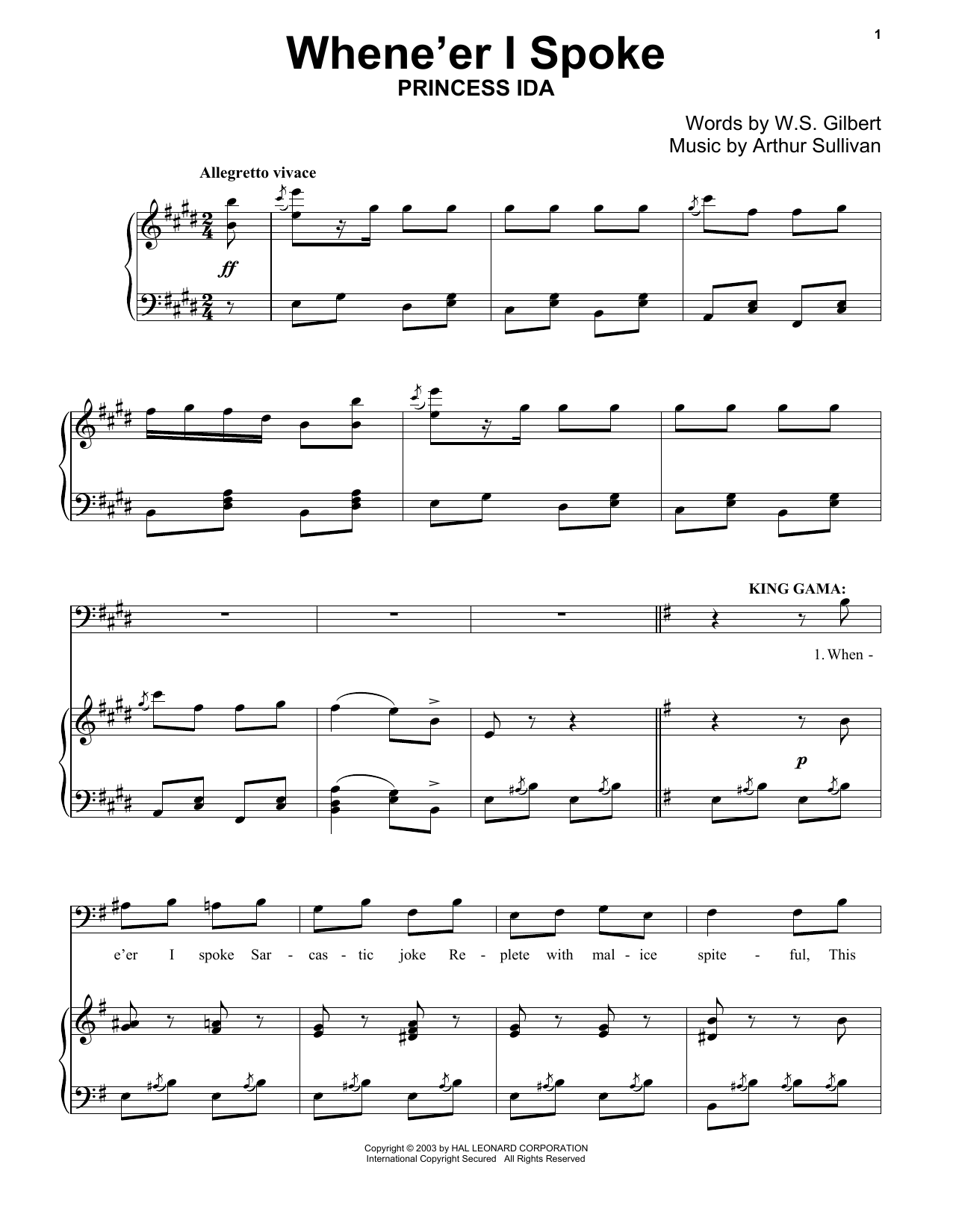 Gilbert & Sullivan When E'er I Spoke sheet music notes and chords arranged for Piano Solo