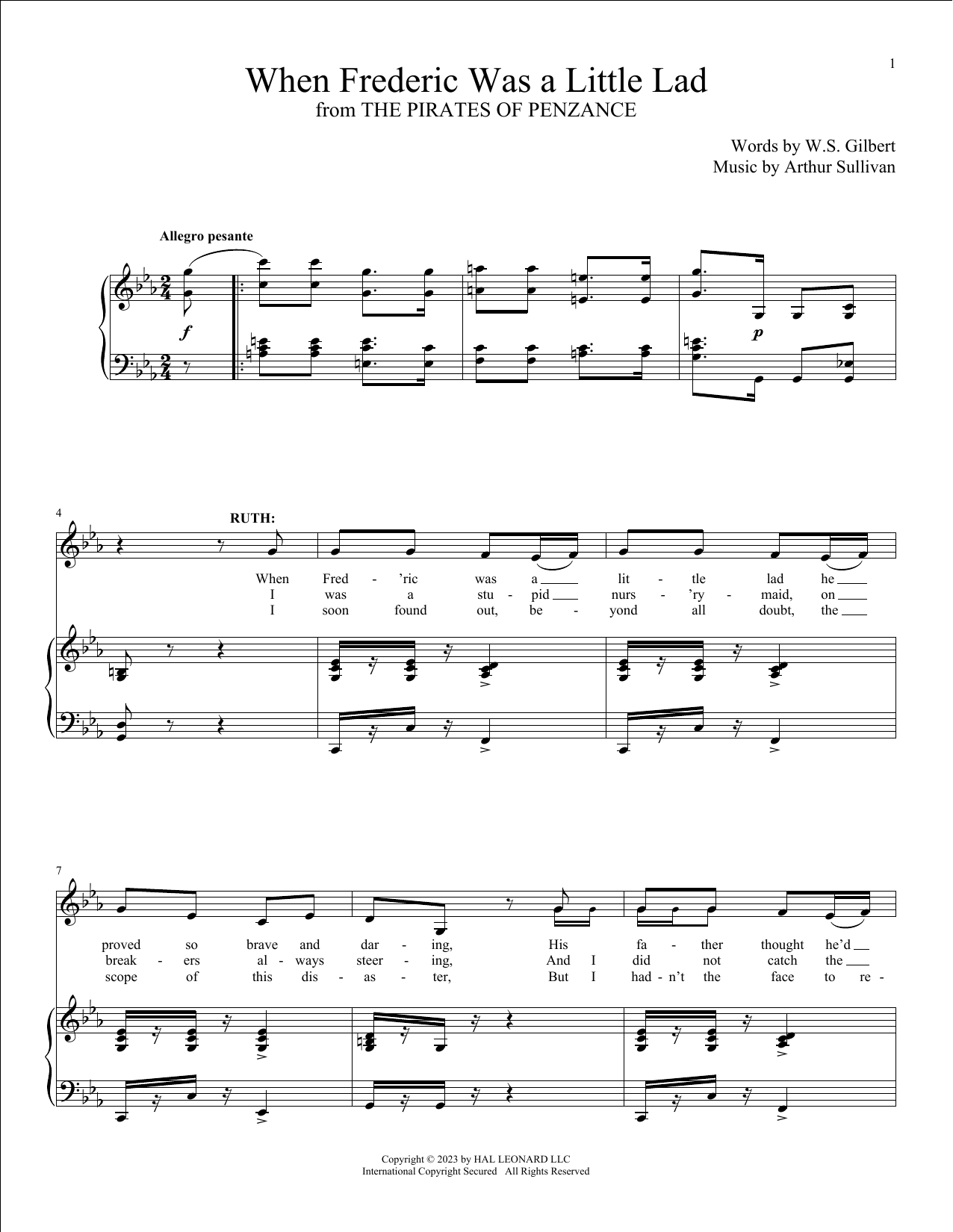 Gilbert & Sullivan When Frederic Was A Little Lad (from The Pirates Of Penzance) sheet music notes and chords arranged for Piano & Vocal