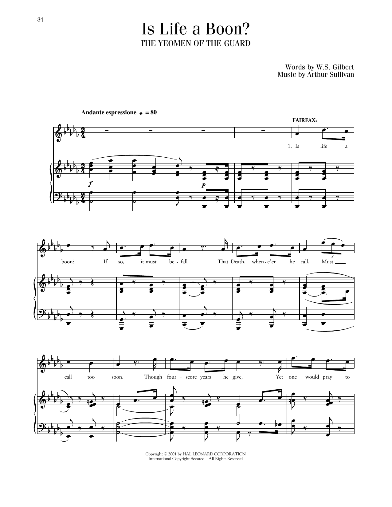 Gilbert & Sullivan Is Life A Boon? (from The Yeomen Of The Guard) sheet music notes and chords arranged for Piano & Vocal
