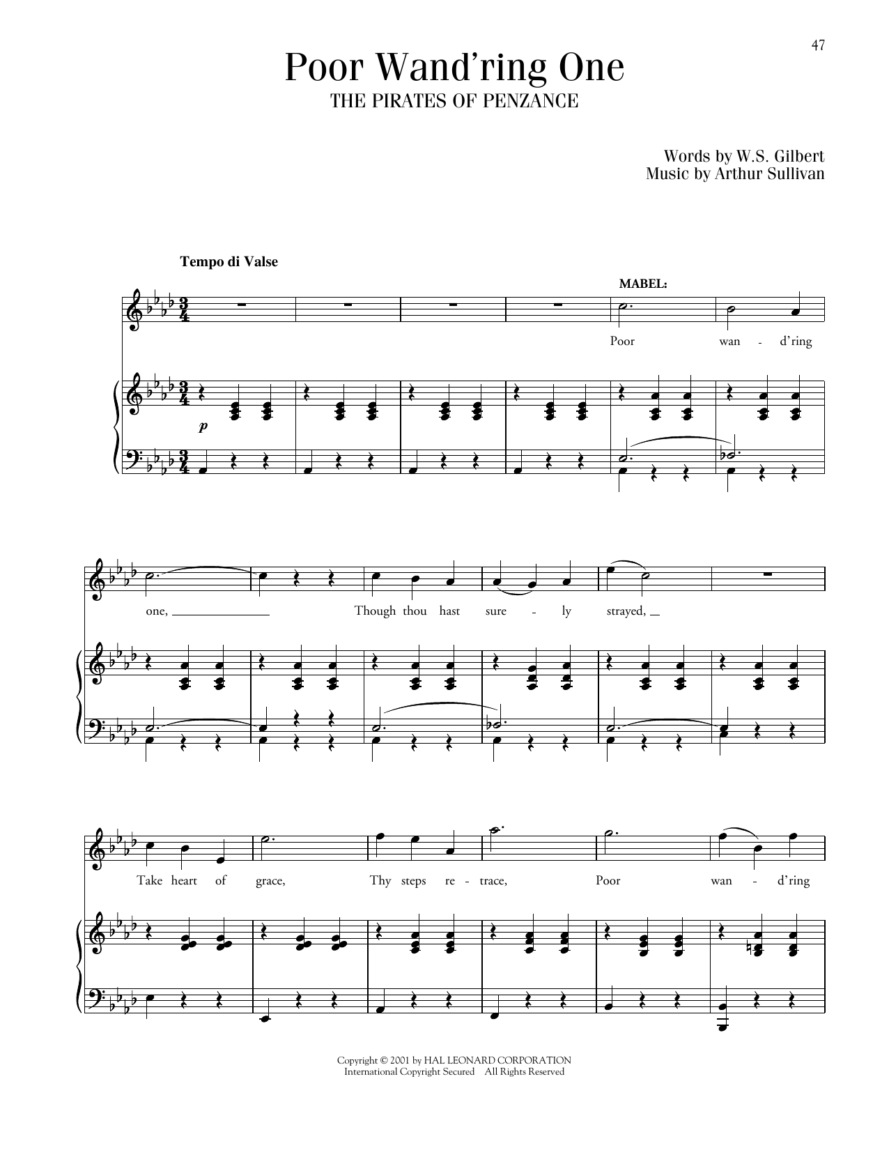Gilbert & Sullivan Poor Wand'ring One (from The Pirates Of Penzance) sheet music notes and chords arranged for Piano & Vocal