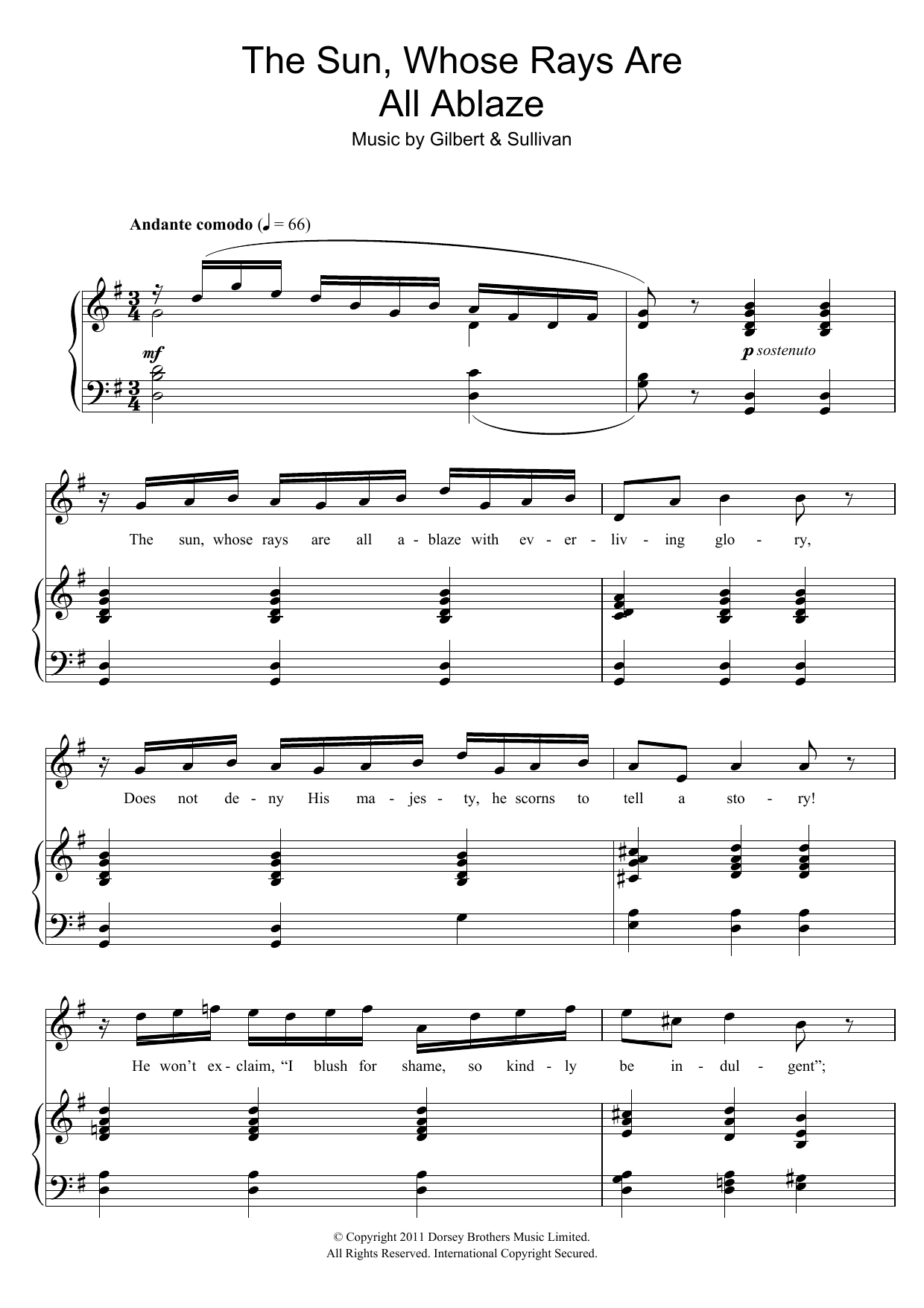 Gilbert & Sullivan The Sun Whose Rays Are All Ablaze (from The Mikado) sheet music notes and chords arranged for Piano & Vocal