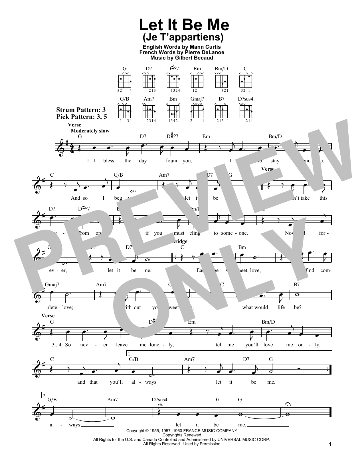 Gilbert Bécaud Let It Be Me (Je T'appartiens) sheet music notes and chords arranged for Easy Guitar