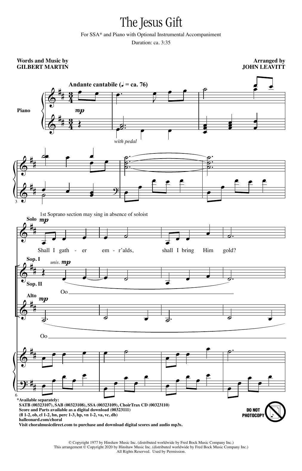 Gilbert Martin The Jesus Gift (arr. John Leavitt) sheet music notes and chords arranged for SSA Choir