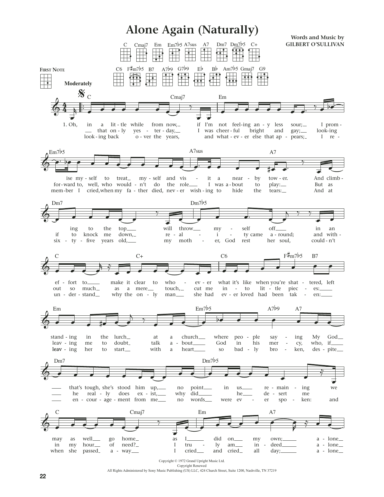 Gilbert O'Sullivan Alone Again (Naturally) (from The Daily Ukulele) (arr. Jim Beloff) sheet music notes and chords arranged for Ukulele