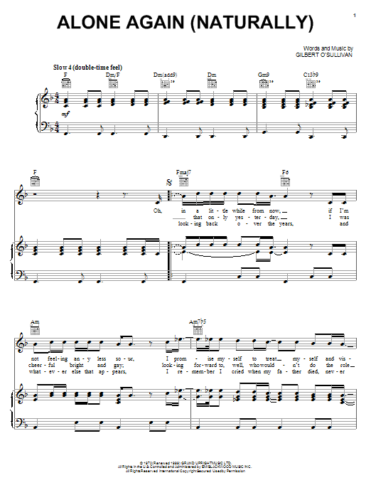 Gilbert O'Sullivan Alone Again (Naturally) sheet music notes and chords arranged for Guitar Chords/Lyrics