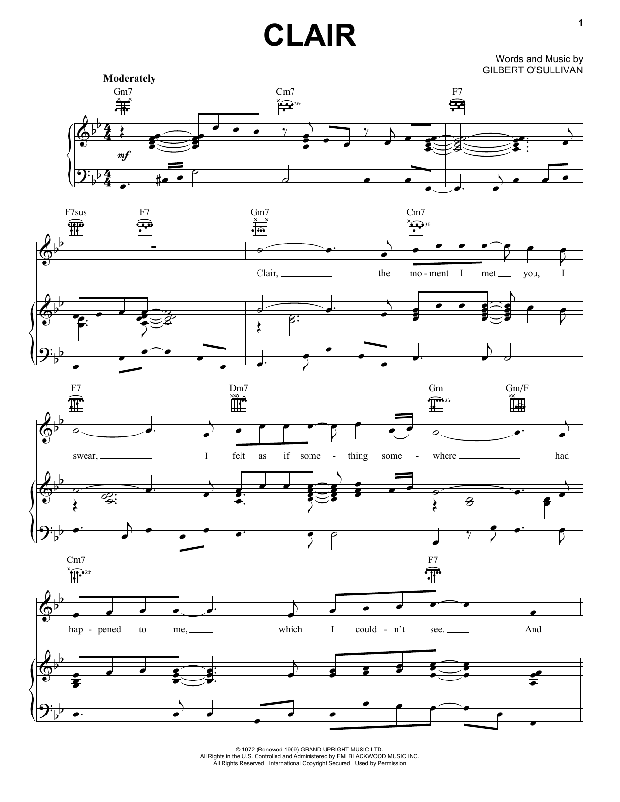 Gilbert O'Sullivan Clair sheet music notes and chords arranged for Piano, Vocal & Guitar Chords (Right-Hand Melody)