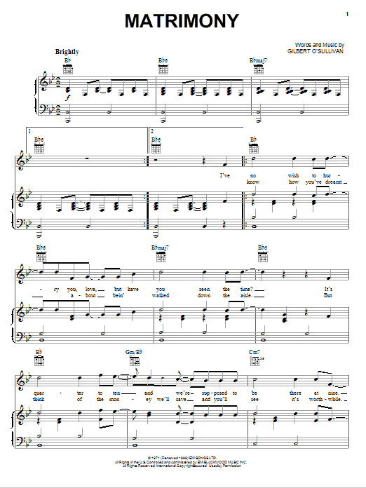 Gilbert O'Sullivan Matrimony sheet music notes and chords arranged for Piano, Vocal & Guitar Chords (Right-Hand Melody)