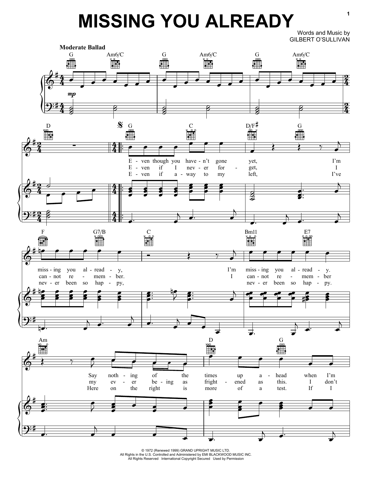 Gilbert O'Sullivan Missing You Already sheet music notes and chords arranged for Piano, Vocal & Guitar Chords (Right-Hand Melody)