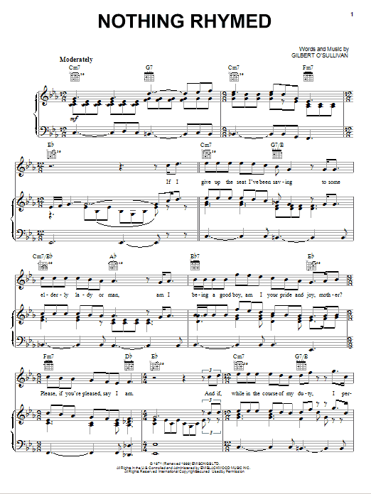 Gilbert O'Sullivan Nothing Rhymed sheet music notes and chords arranged for Piano, Vocal & Guitar Chords (Right-Hand Melody)