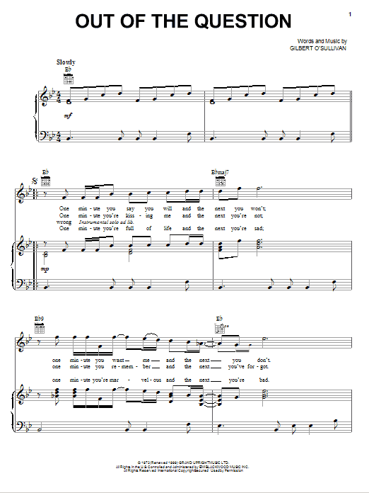 Gilbert O'Sullivan Out Of The Question sheet music notes and chords arranged for Piano, Vocal & Guitar Chords (Right-Hand Melody)