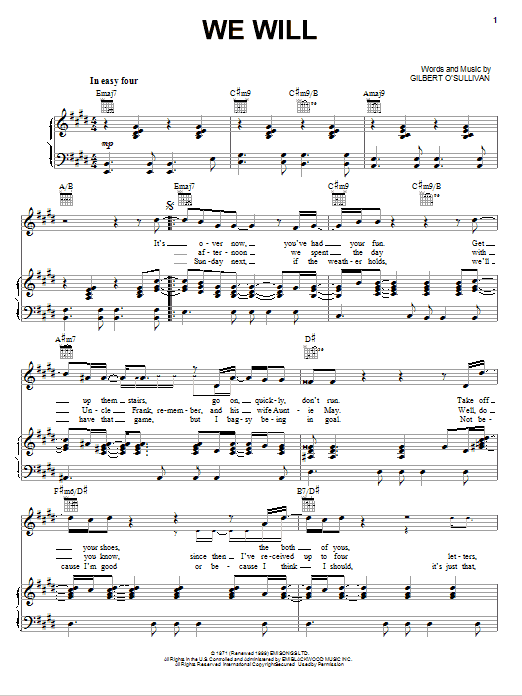 Gilbert O'Sullivan We Will sheet music notes and chords arranged for Piano, Vocal & Guitar Chords (Right-Hand Melody)
