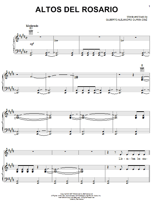 Gilberto Alejandro Duran Diaz Altos Del Rosario sheet music notes and chords arranged for Piano, Vocal & Guitar Chords (Right-Hand Melody)