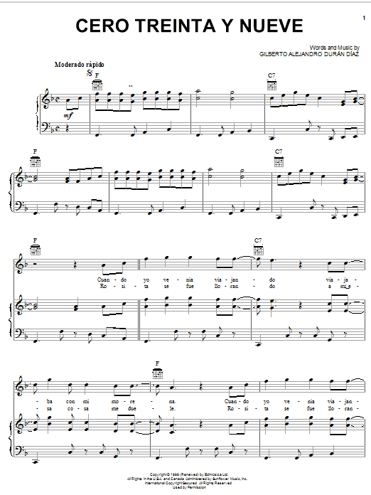 Gilberto Alejandro Duran Diaz Cero Treinta Y Nueve sheet music notes and chords arranged for Piano, Vocal & Guitar Chords (Right-Hand Melody)