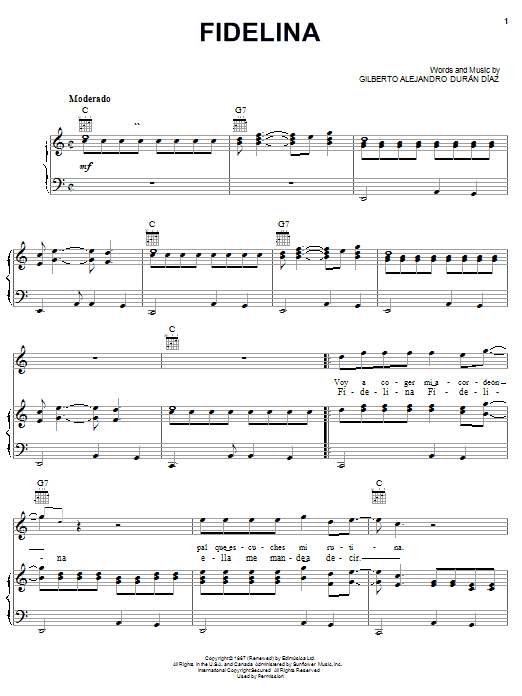 Gilberto Alejandro Duran Diaz Fidelina sheet music notes and chords arranged for Piano, Vocal & Guitar Chords (Right-Hand Melody)