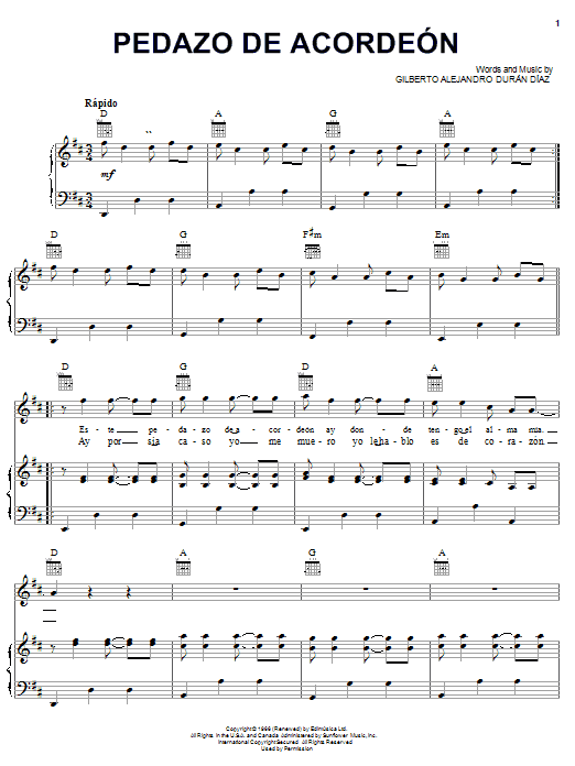 Gilberto Alejandro Duran Diaz Pedazo De Acordeón sheet music notes and chords arranged for Piano, Vocal & Guitar Chords (Right-Hand Melody)