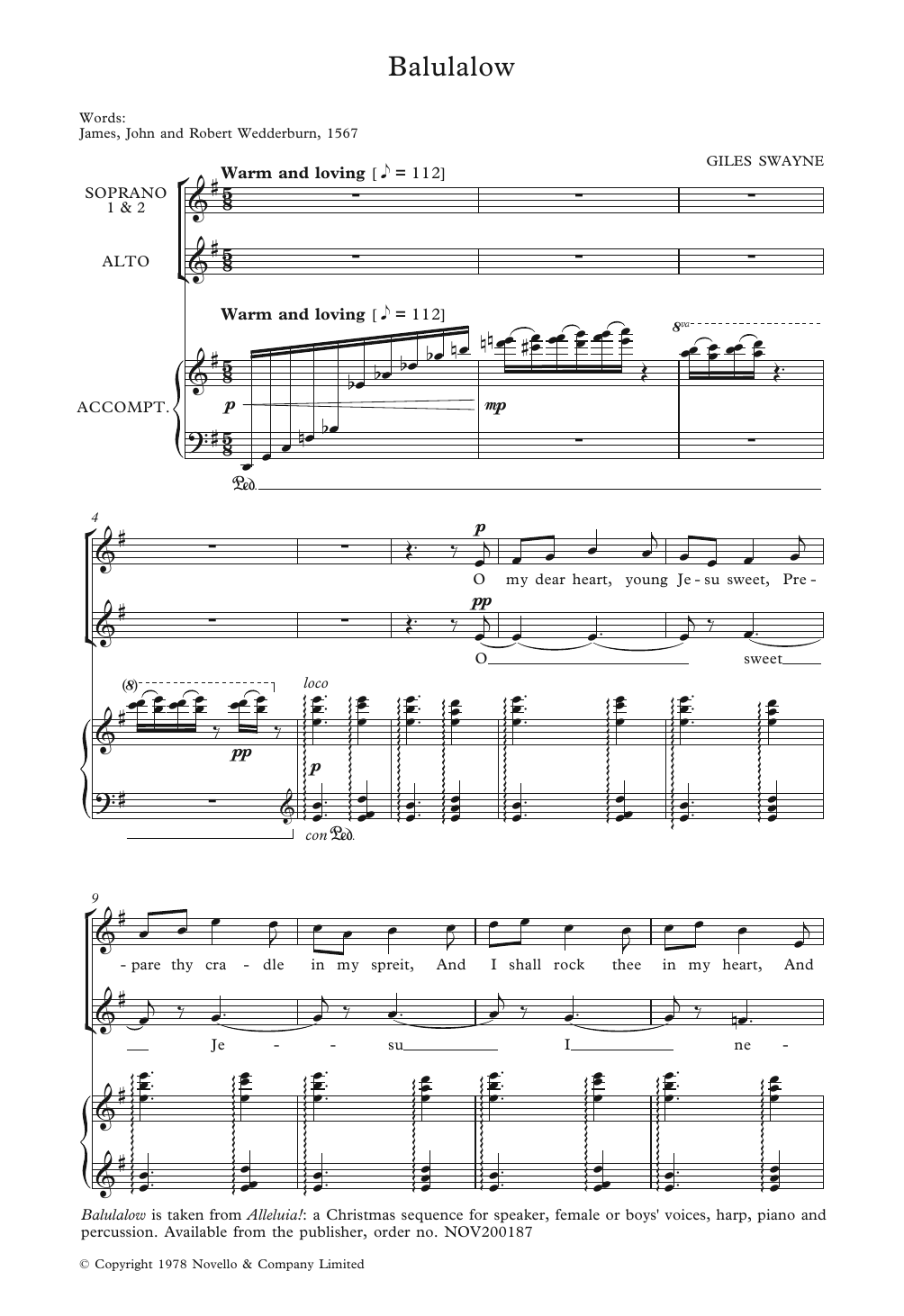 Giles Swayne Balulalow sheet music notes and chords arranged for SSA Choir