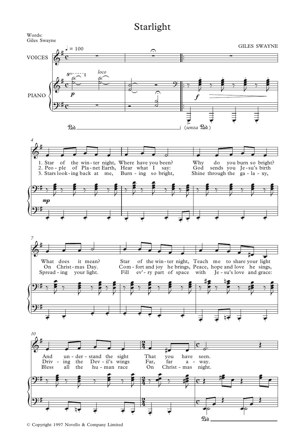 Giles Swayne Starlight sheet music notes and chords arranged for Unison Choir