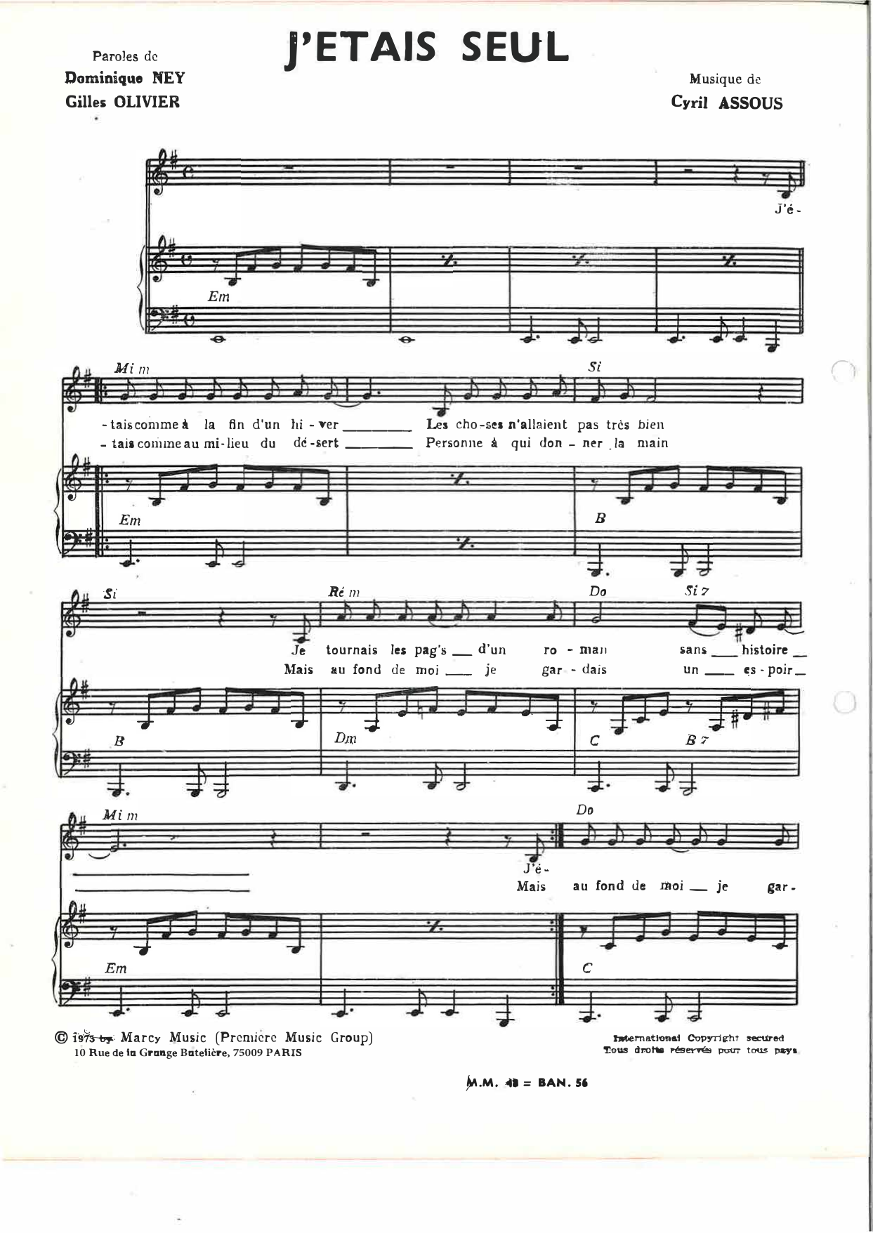 Gilles Olivier J'étais seul sheet music notes and chords arranged for Piano & Vocal