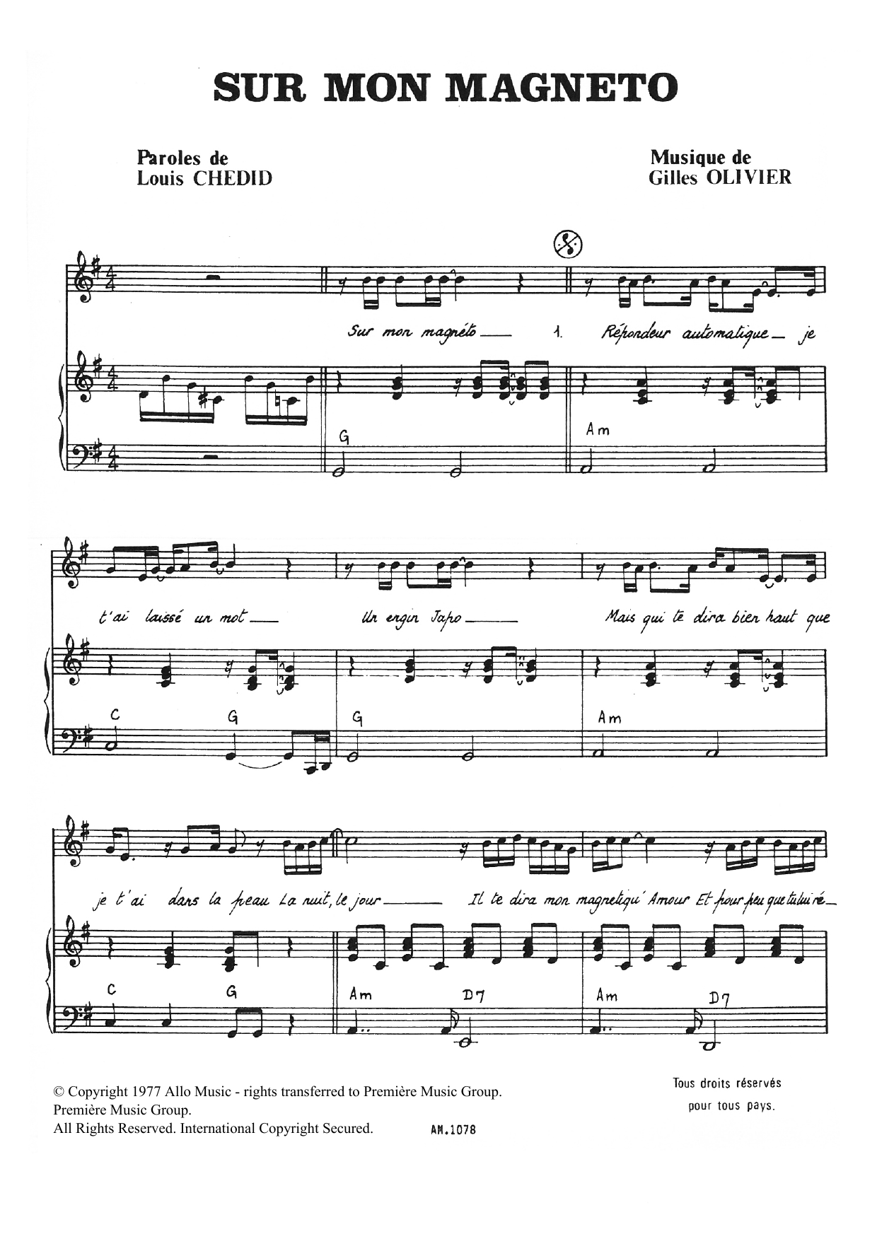 Gilles Olivier Sur Mon Magneto sheet music notes and chords arranged for Piano & Vocal