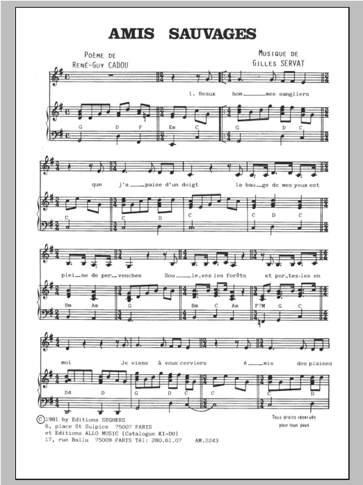 Gilles Servat Amis Sauvages sheet music notes and chords arranged for Piano & Vocal