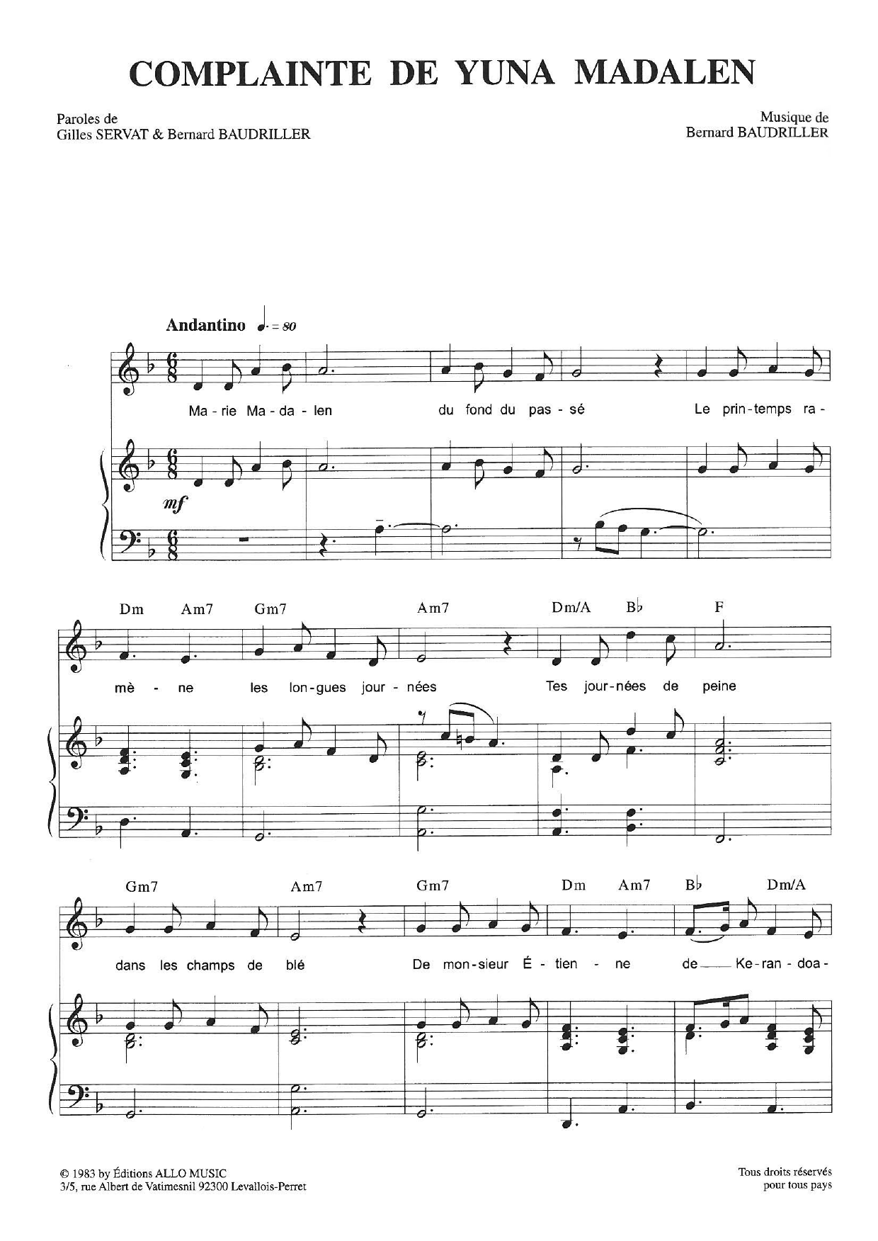 Gilles Servat Complainte De Yuna Madalen sheet music notes and chords arranged for Piano & Vocal